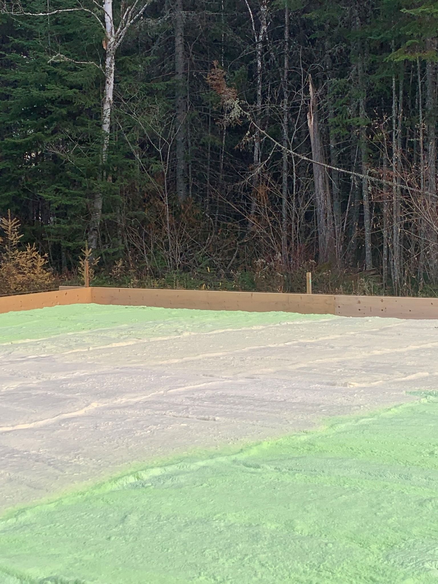 a parking lot with a lot of green grass and trees in the background .