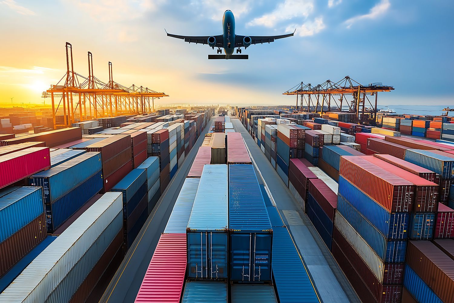 Cargo containers at a busy port with an airplane flying overhead during sunset.