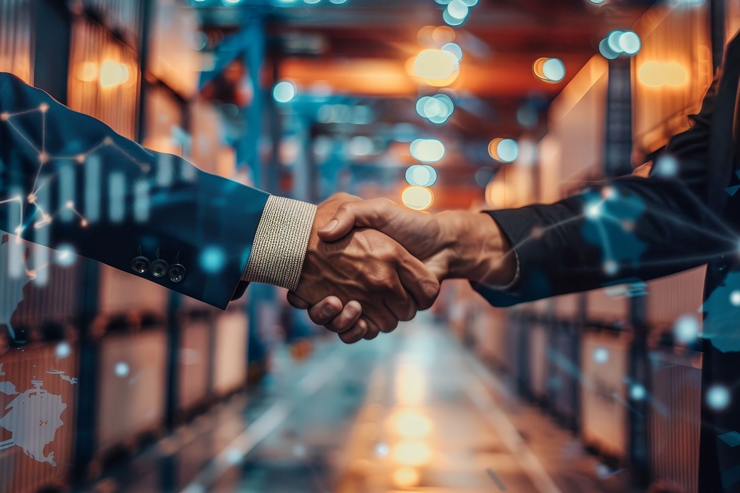 Two business professionals shaking hands in a warehouse filled with shipping containers.