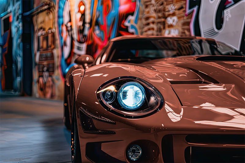Copper sports car parked beside a graffiti-covered wall in an alley