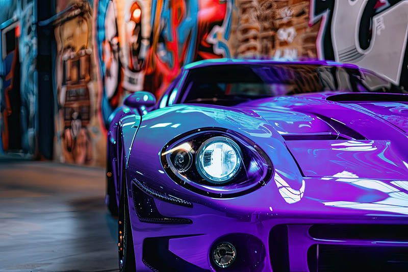 Purple sports car parked in a graffiti-covered alley, front headlight glowing.