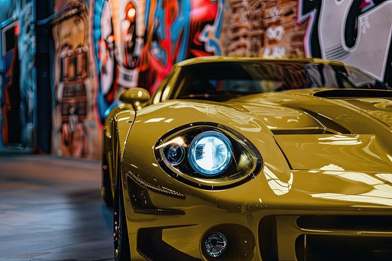 Yellow sports car with blue headlights parked in a graffiti-covered alley