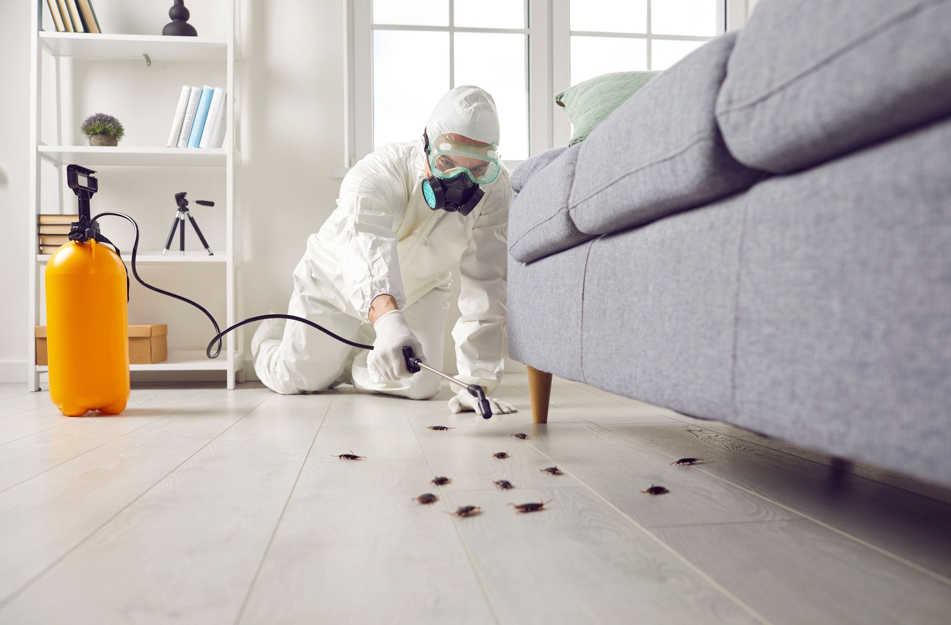 A man in a protective suit is spraying insecticide on the floor in a living room.