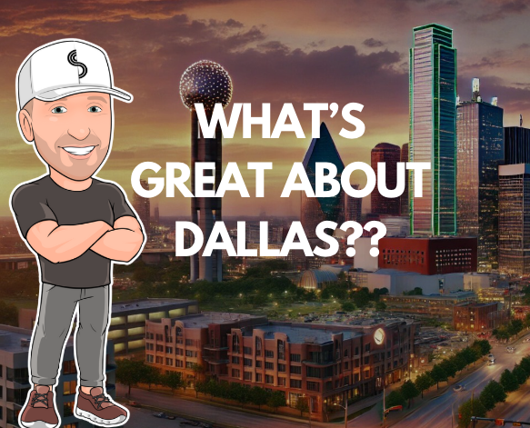 A vibrant skyline view of Downtown Dallas at sunset, with Reunion Tower glowing.