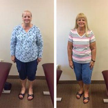 A before and after photo of a woman standing in a room.