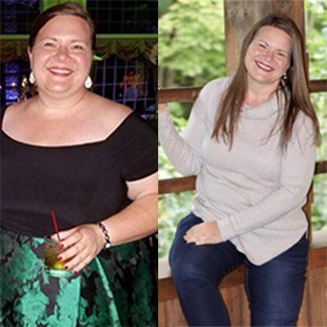 A before and after photo of a woman holding a drink