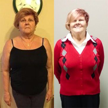 A before and after photo of a woman in a black tank top and a red sweater