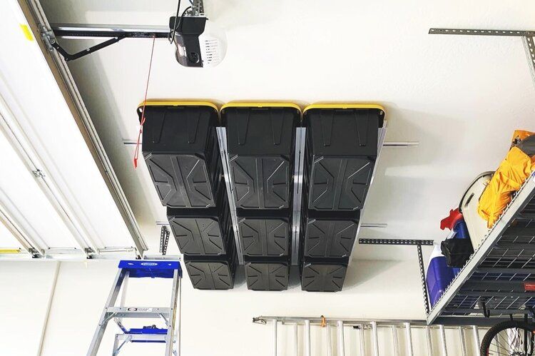 overhead garage storage tote slide rails