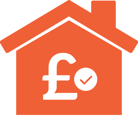 A red house with a white pound sign and a check mark.