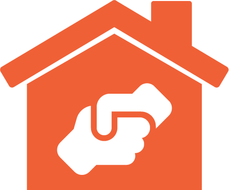 An orange house with a hand holding an arrow in front of it.