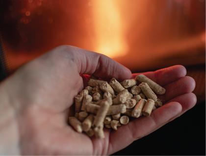 A person is holding a pile of wood pellets in their hand in front of a fireplace.