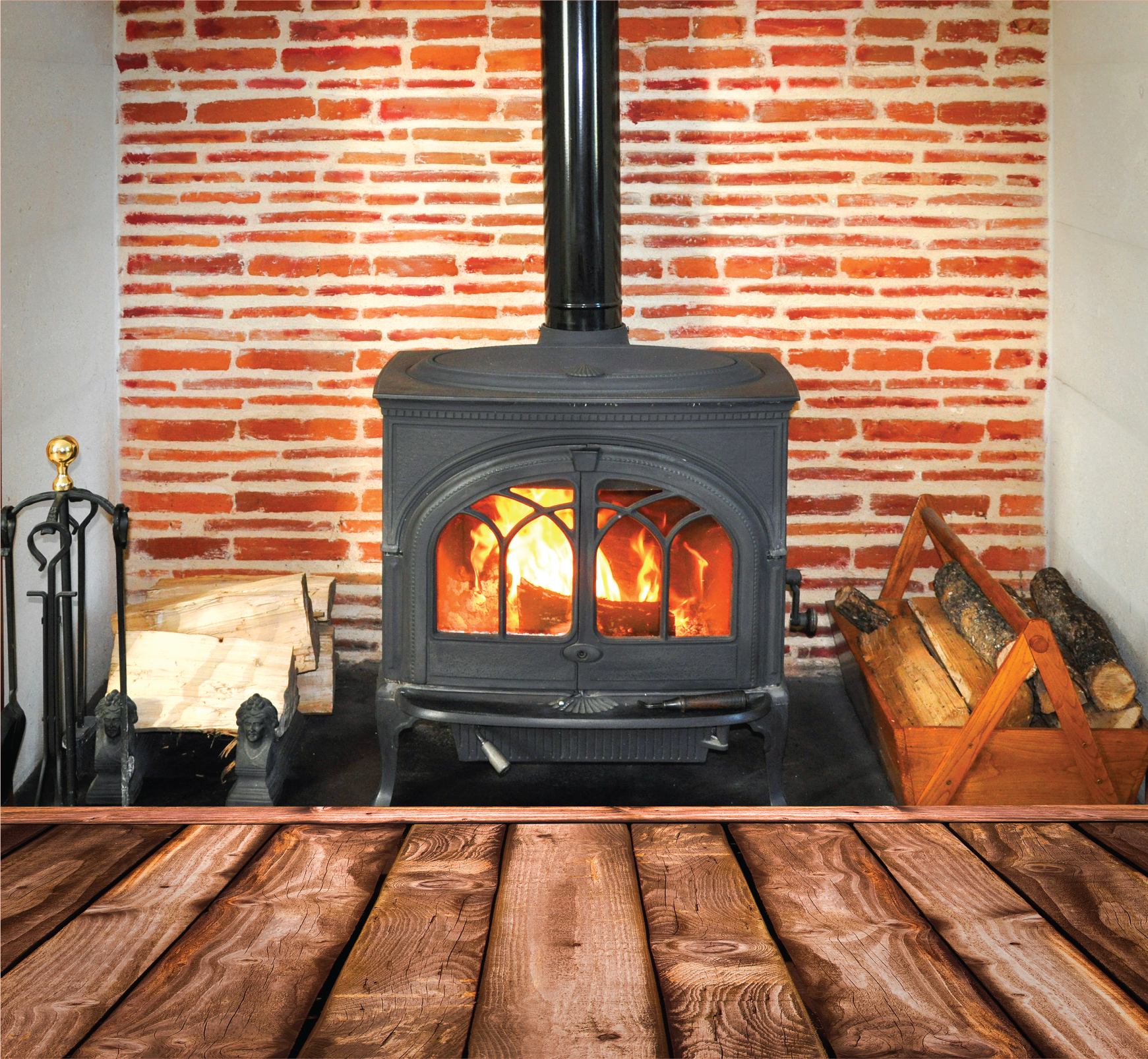 A wood stove is sitting in front of a brick wall