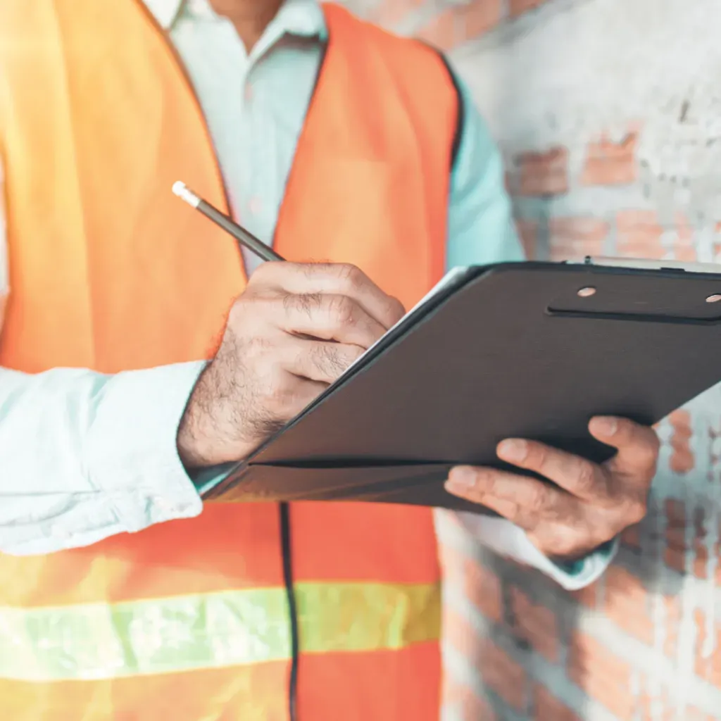 Person in safety vest writes on clipboard near a brick wall.