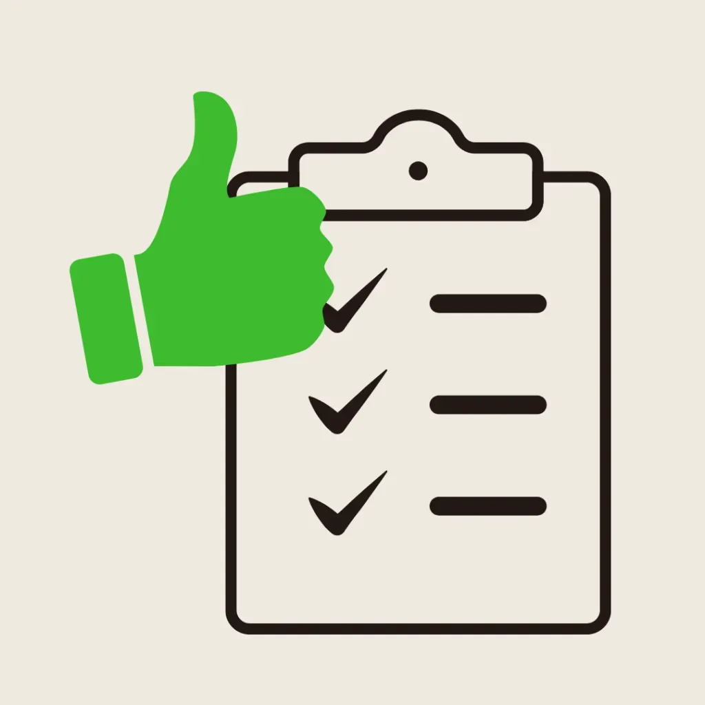 Green thumbs up over a checklist with checkmarks.