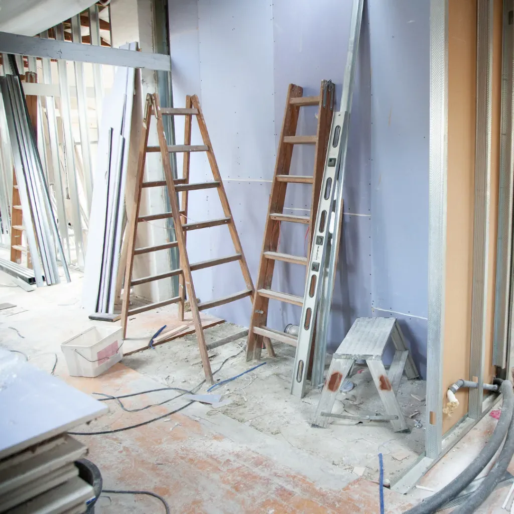 Two wooden ladders and a small step stool inside a room under construction. Drywall and framing are visible.