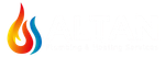 Logo with flame graphic in orange, red, and blue with white text.