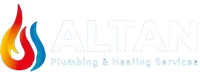 Logo for Altan Plumbing & Heating Services, featuring a flame graphic in red, orange, and blue colors.