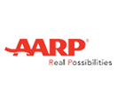 The aarp logo is red and white and says `` real possibilities ''.