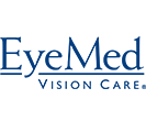 The logo for eyemed vision care is blue and white.