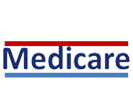 A red , white and blue logo for medicare.