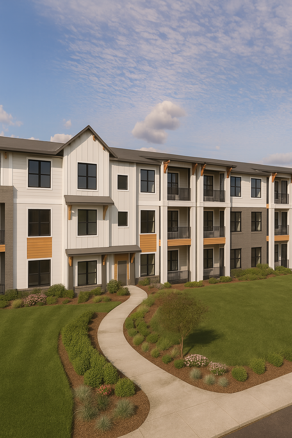 Modern apartment building with white and gray siding, balconies, and a winding walkway on a green lawn under a blue sky.