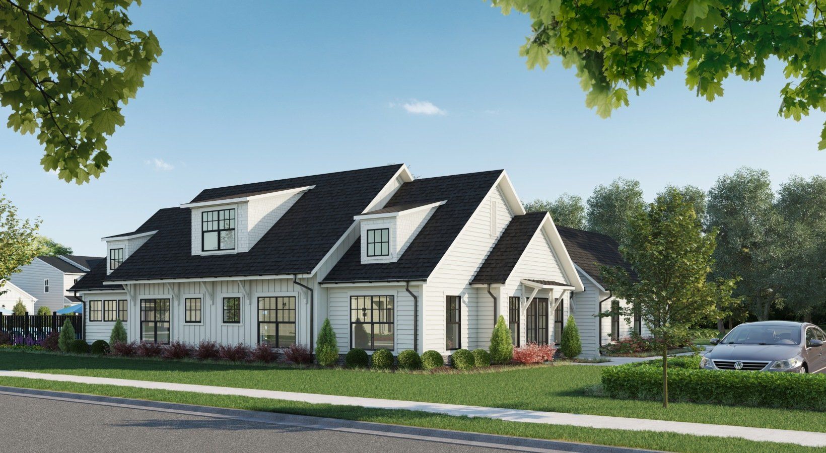 An artist 's impression of a white house with a black roof.