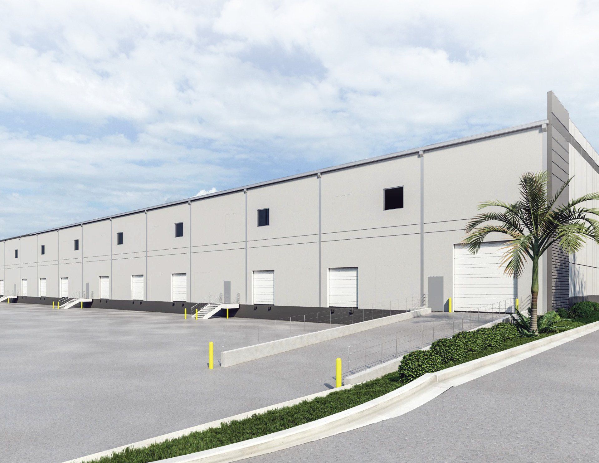 An artist 's impression of a large warehouse with lots of doors.