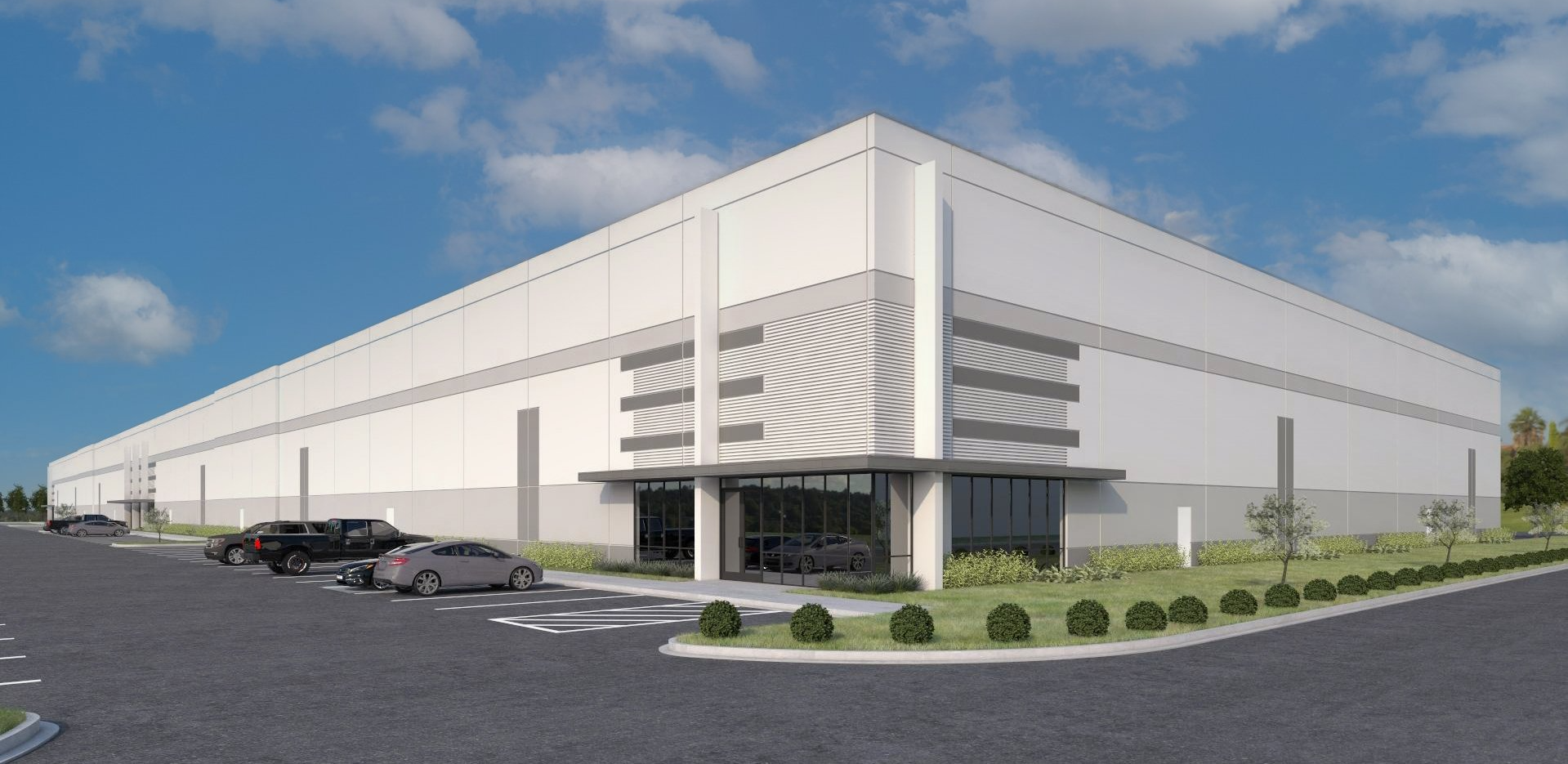 An artist 's impression of a large white building with cars parked in front of it.