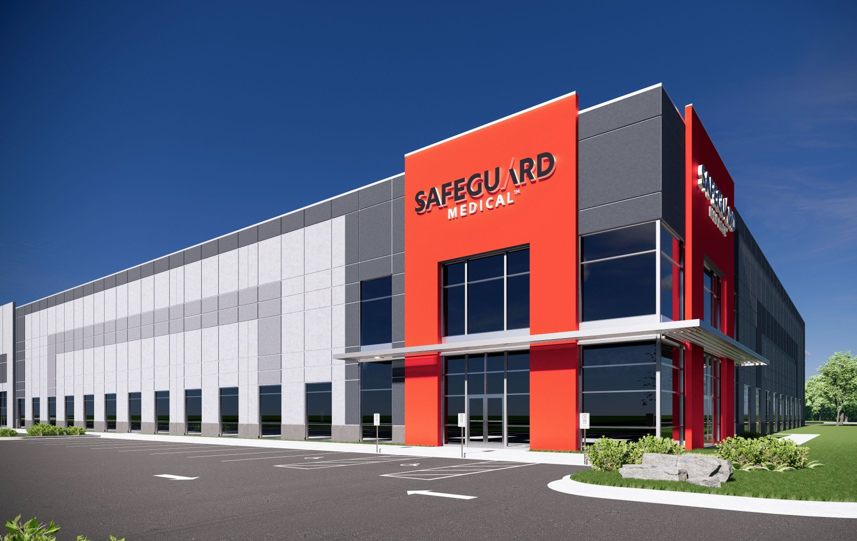 An artist 's impression of a large building with a red and gray facade.