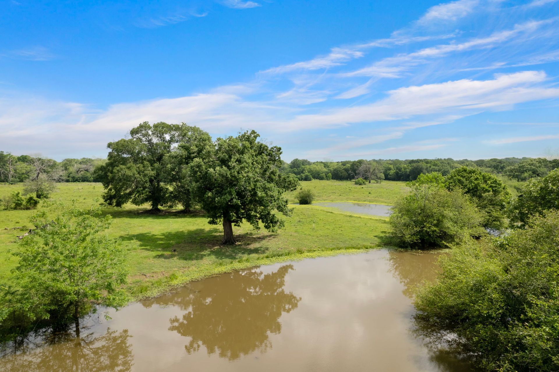 An aerial view of a flooded field with trees and a river.