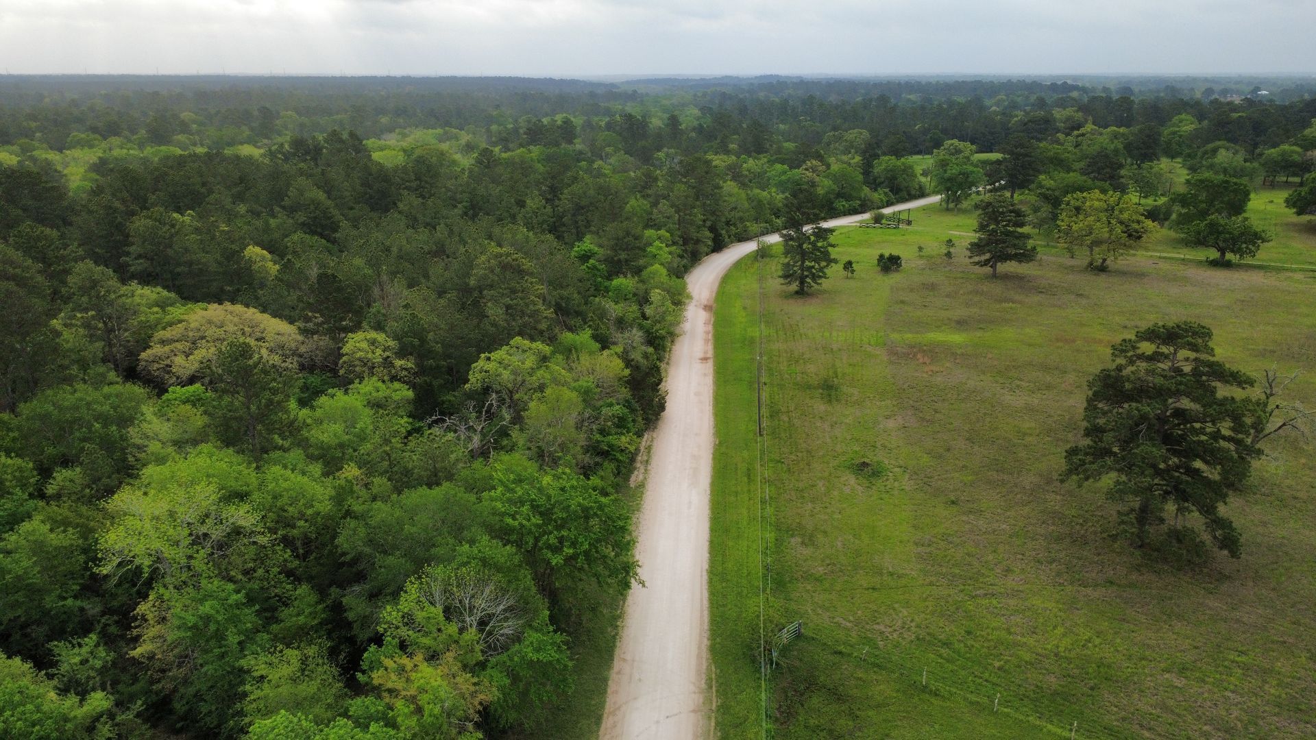 An aerial view of a dirt road going through a forest.