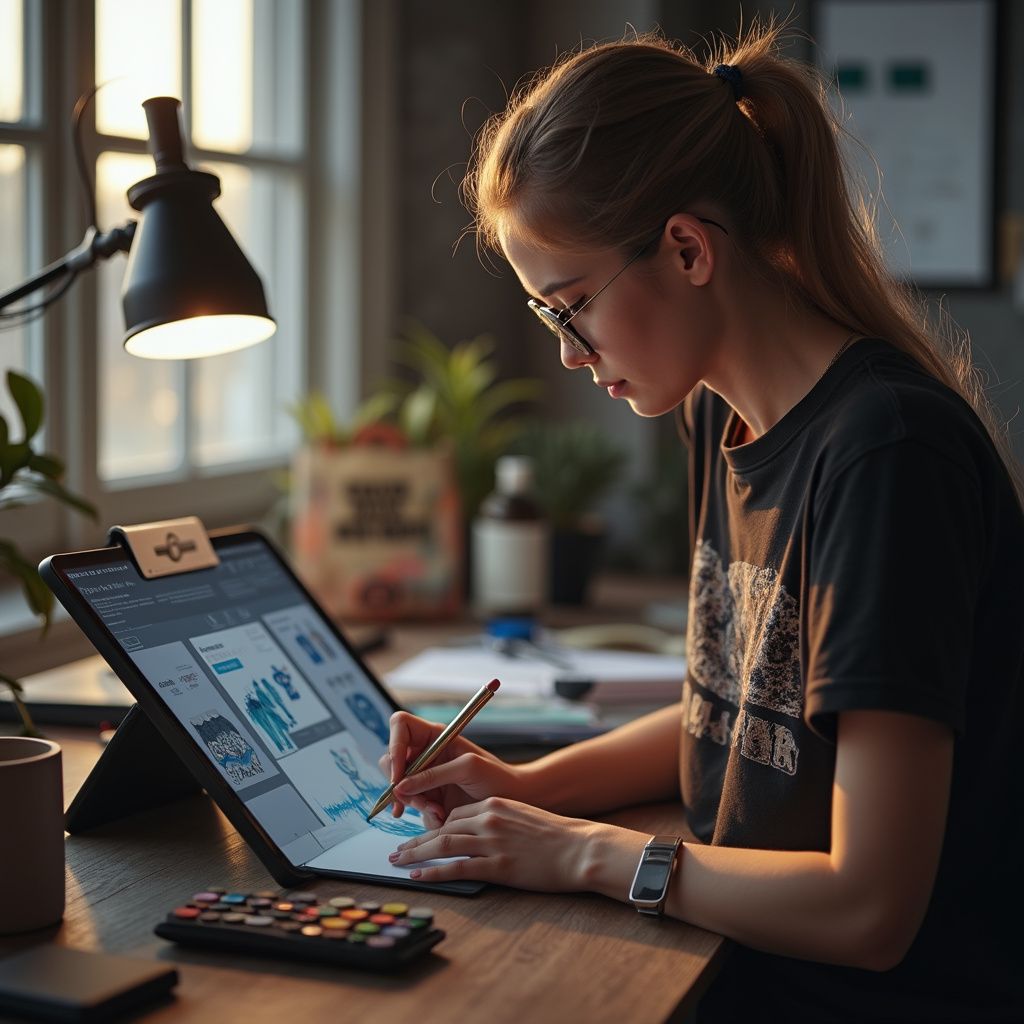 Woman working on tablet, analyzing charts, wearing glasses, indoors.