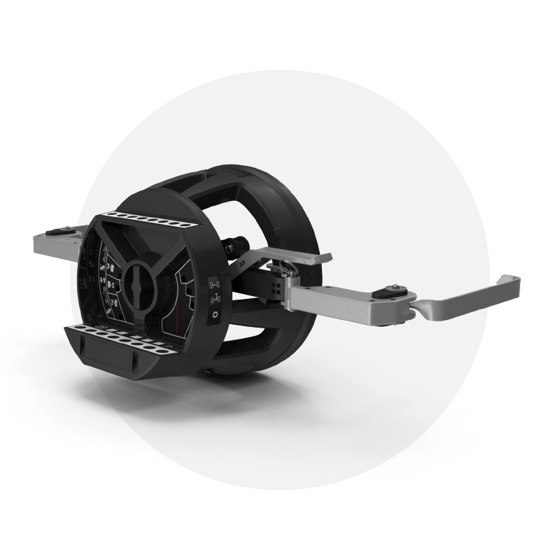 A black object is sitting in a white circle on a white surface.