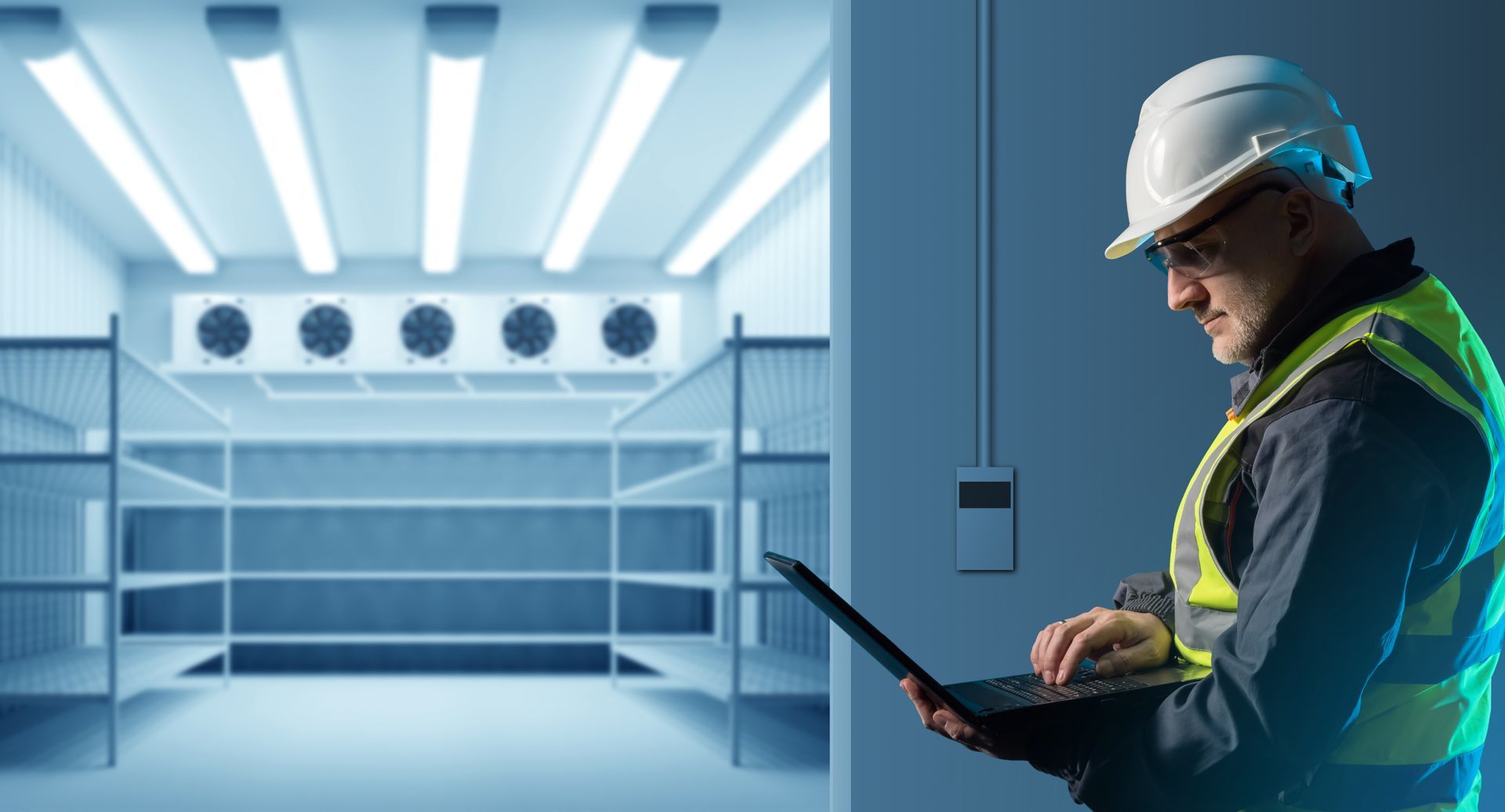 Technician in Hard Hat and Safety Vest in a Cold Storage Room — Priest Airconditioning in Ashmont, NSW