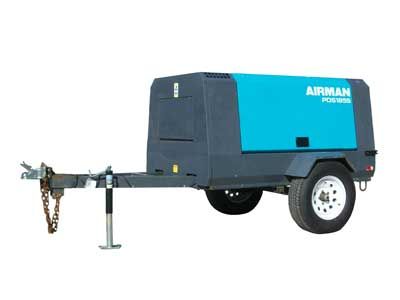 A blue and black air compressor on a trailer on a white background.