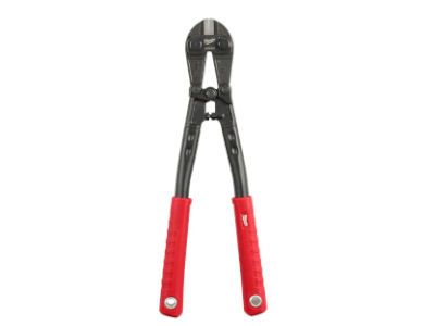 A pair of bolt cutters with red handles on a white background.