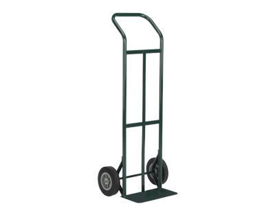 A green hand truck with two wheels and a handle on a white background.