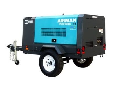A blue and black airman compressor on a trailer
