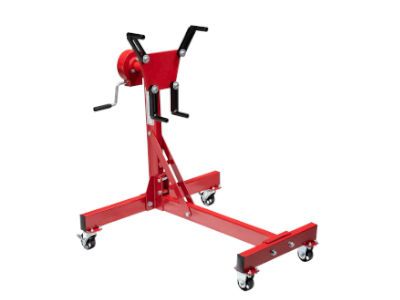 A red engine stand with wheels on a white background.