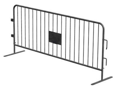 A black metal barrier with a sign on it on a white background.