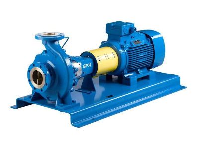 A blue pump with a motor attached to it is on a stand.