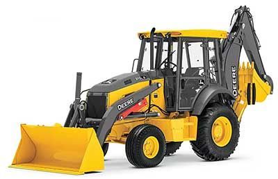 A yellow and black backhoe loader with a yellow bucket on a white background.