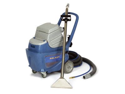 A galaxy vacuum cleaner with a hose attached to it