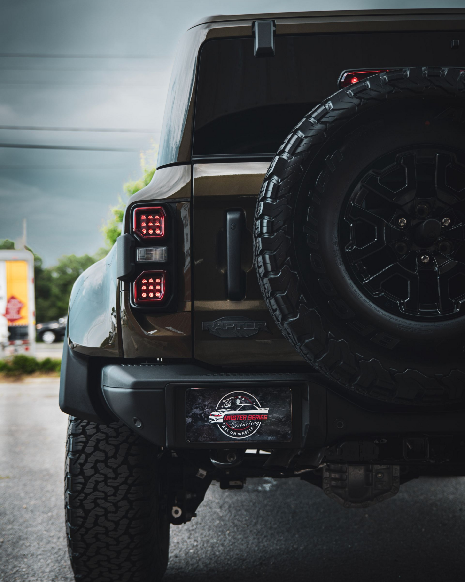 Rear view of a dark brown SUV with a spare tire. Black trim and taillights.