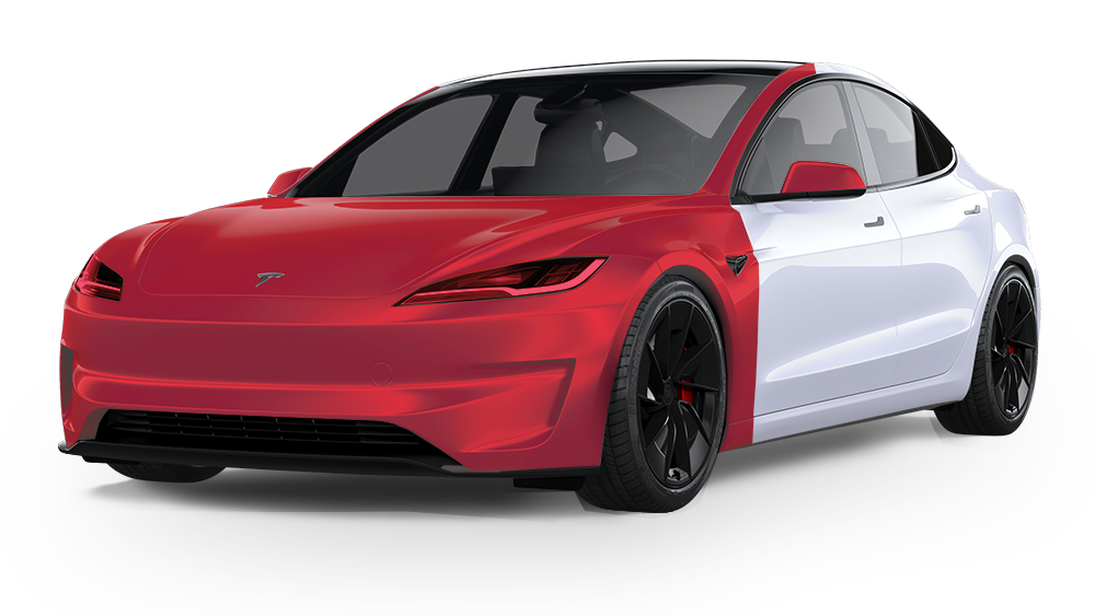 Red and white Tesla Model S, showing the front end in red and the rest in white.