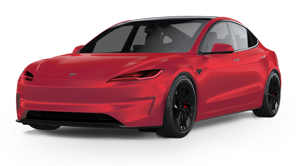 Red Tesla Model S electric car, front view. Black wheels, tinted windows.