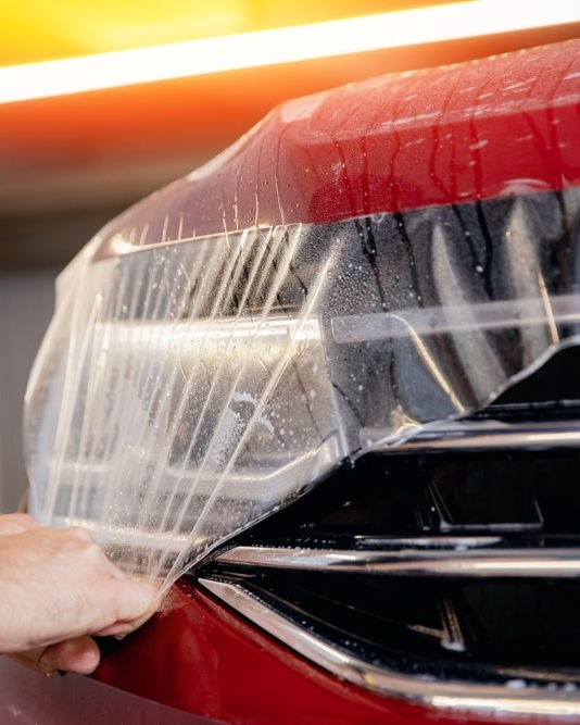 Person peels protective film from the red car's grill, removing clear plastic.