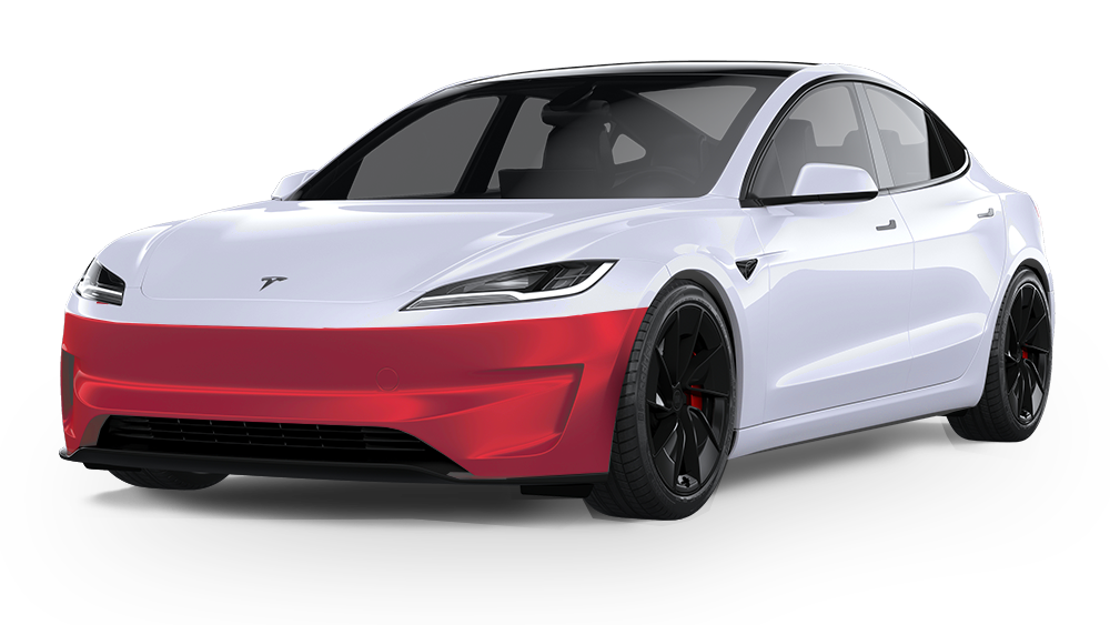 White Tesla car with a red front bumper, black wheels.