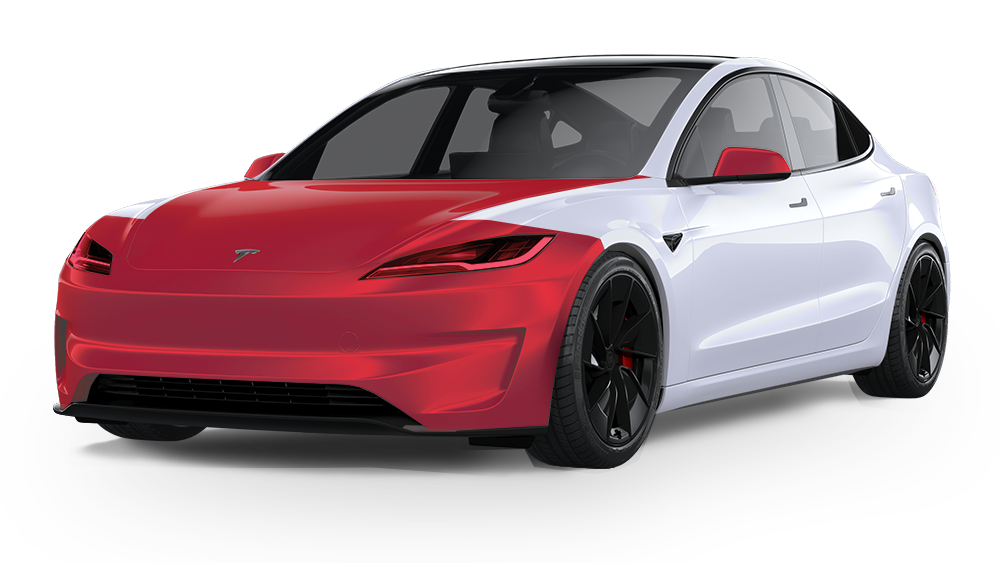 White and red Tesla car with black wheels, partially red front.
