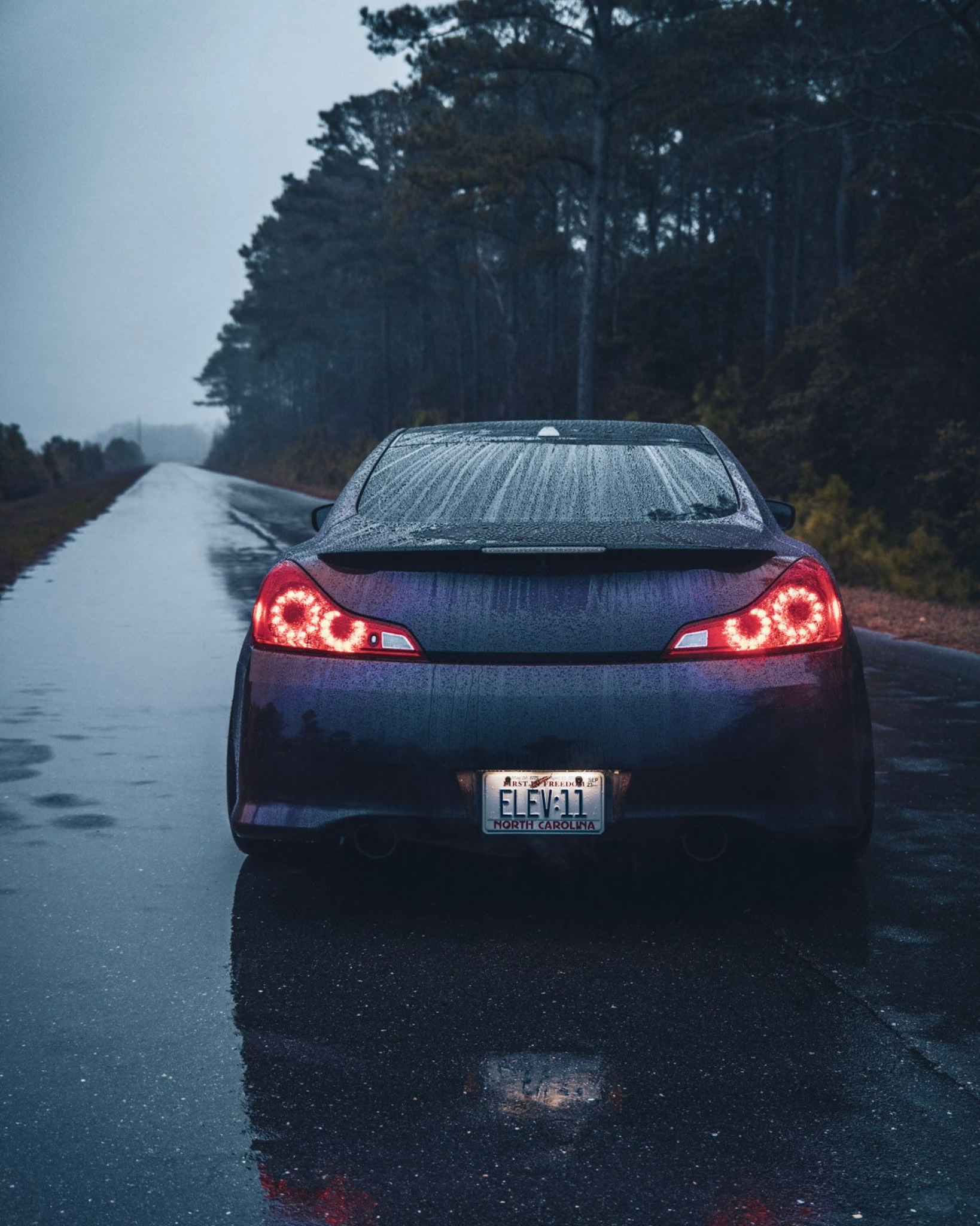 Dark blue car driving on a wet road, taillights glowing. Surrounded by trees in the rain.